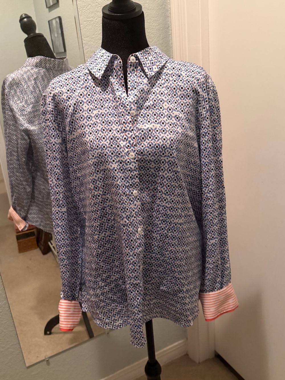 Foxcroft Blue and White Geometric Button-Down Shirt with Pink Cuffs - Picture 2 of 6